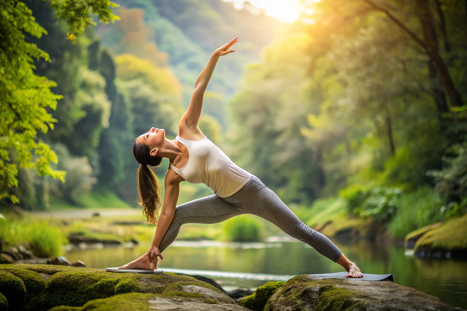A person in a yoga pose demonstrating flexibility, stretching arms and legs in a natural environment with no text or branding