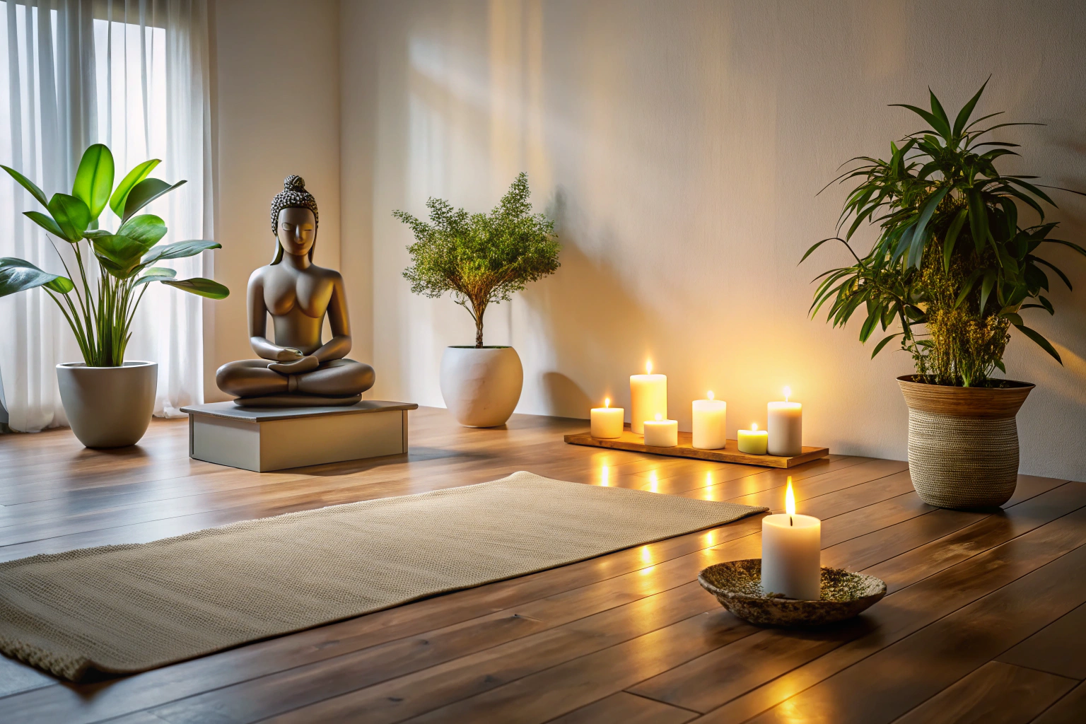 A peaceful home yoga corner with a mat, soft lighting, and a simple decor element like a candle or a small statue, all free of any text or logos