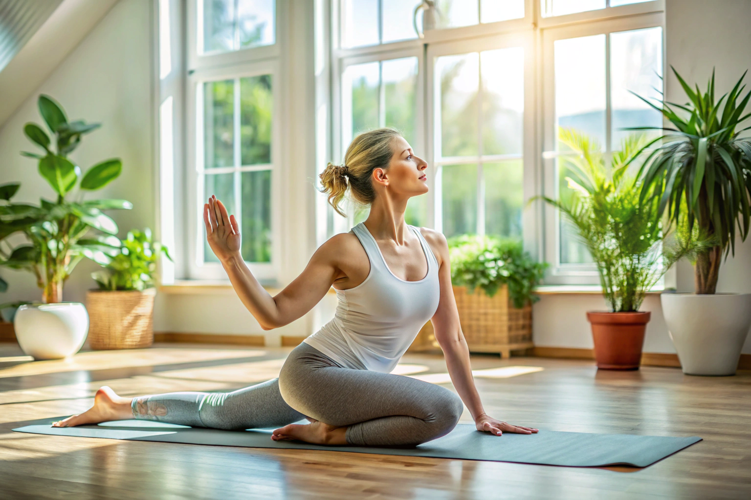 A person performing a gentle yoga stretch in a peaceful indoor setting with natural light, demonstrating relaxation and focus