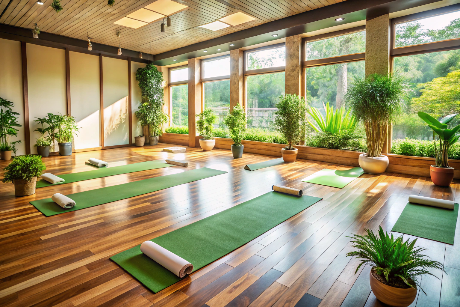 A peaceful yoga studio with natural light, wooden floors, and neatly arranged yoga mats, surrounded by green plants and soft lighting, creating a tranquil atmosphere