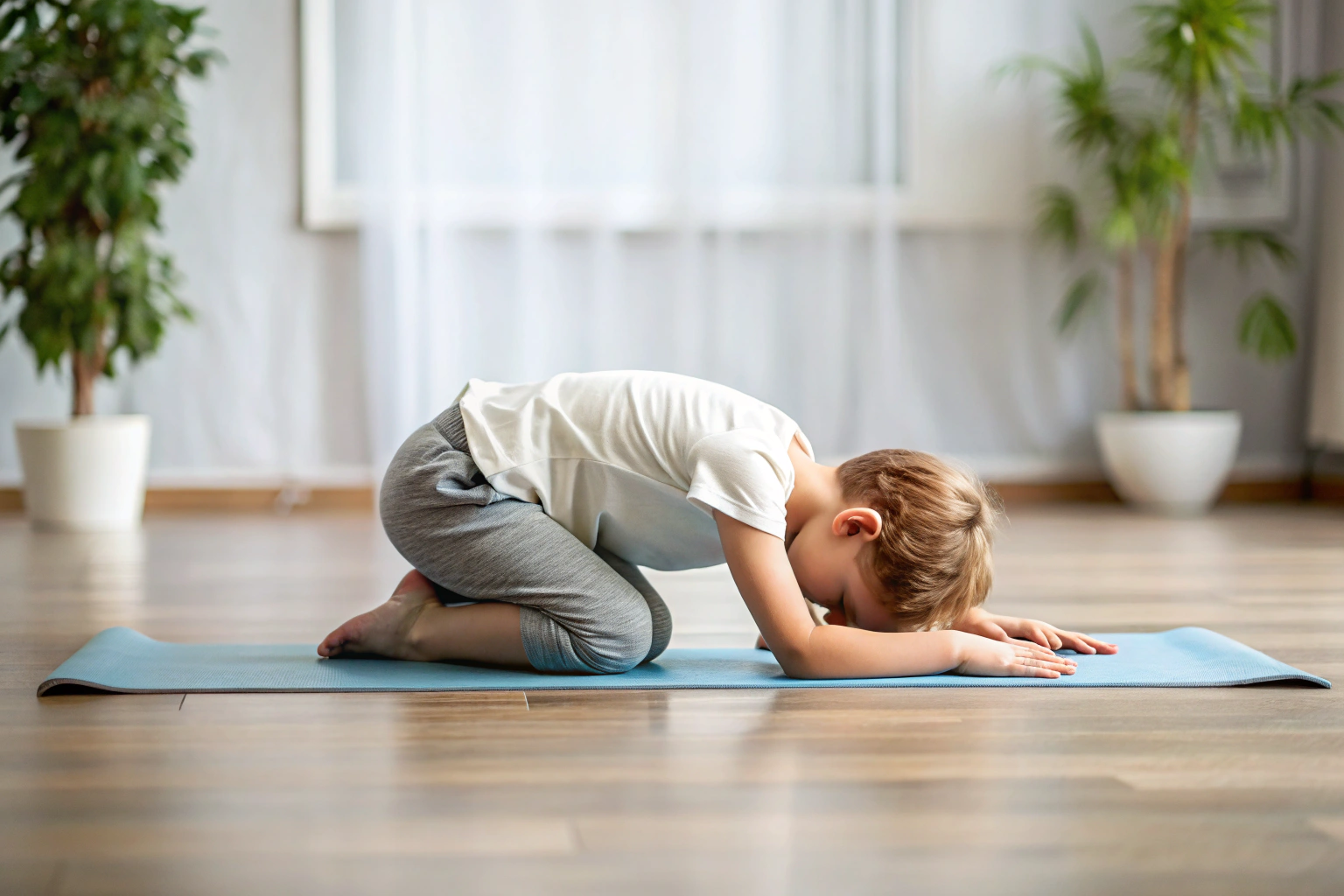 A person in a simple, unmarked yoga mat performing the Childs Pose, with knees bent and forehead resting on the floor, in a peaceful setting with no text or logos