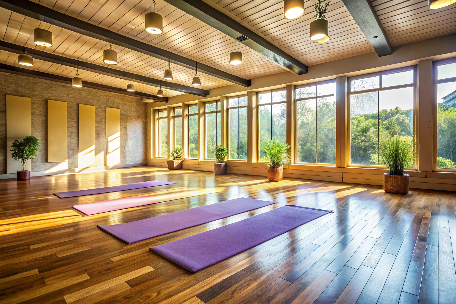 A peaceful yoga studio with mats on a wooden floor, soft light from windows, no people or text