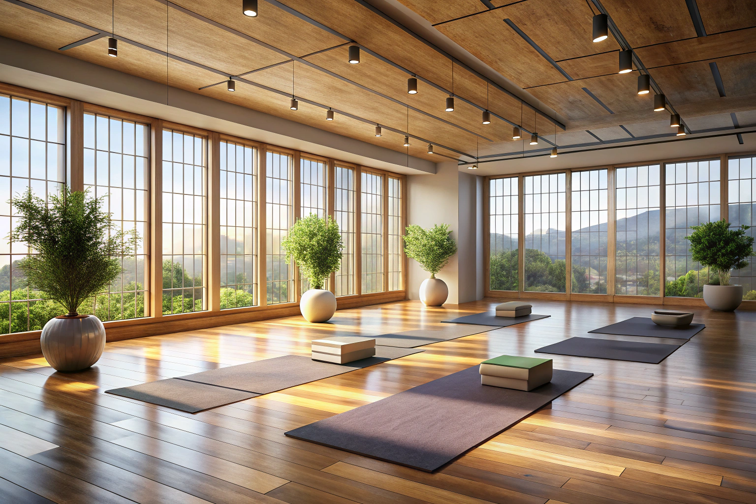 A peaceful and minimalist yoga studio interior with wooden floors, soft lighting from large windows, and yoga mats arranged neatly, devoid of any text or branding